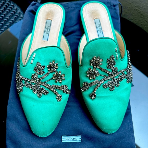 Prada Satin Green Slides Loafers Mules with crystals sz 39 US 9 - Picture 1 of 14
